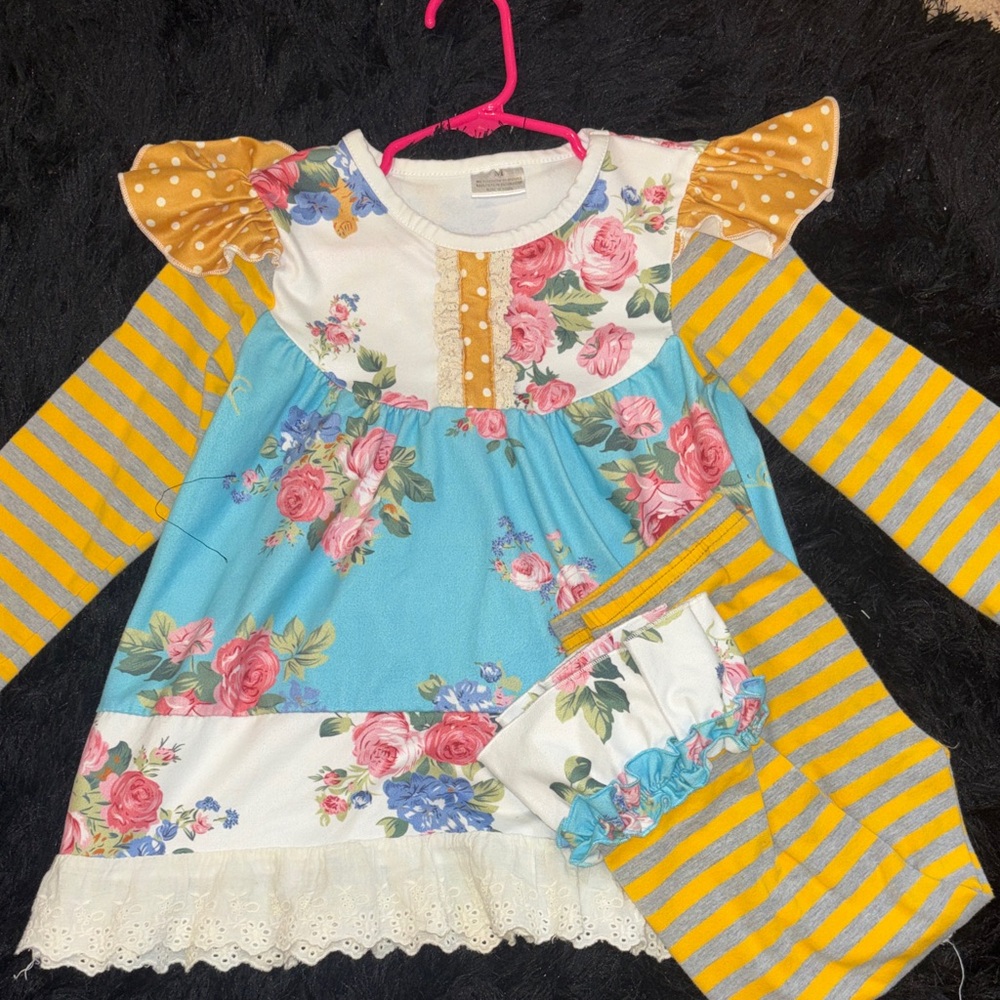Floral and Striped Dress with Ruffle Sleeves